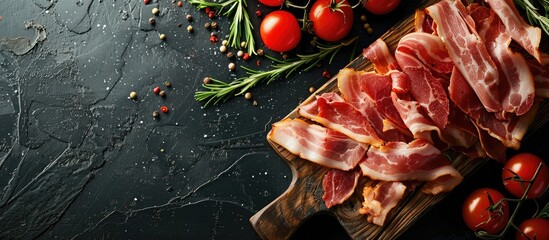 Poster - Fresh bacon slices on a rustic table as a delicious appetizer with copy space image for food background, ideal for meals or snacks, giving a top view perspective.