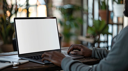 Over shoulder shot of a young man using computer laptop in front of an blank white computer screen in home