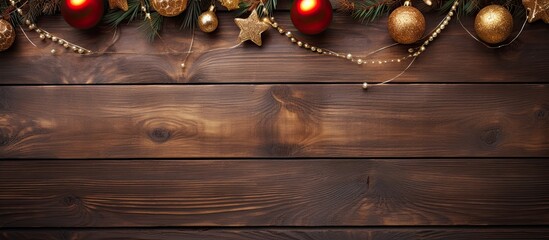 Aufkleber - Top view of Christmas decorations on a wooden background with a copy space image.