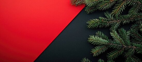 Poster - Christmas background concept with a top view of Christmas spruce branches on a red and black background, suitable for copy space image.