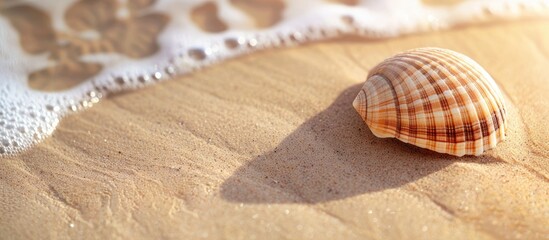 Aufkleber - Seashell resting on sandy beach with room for copy space image.