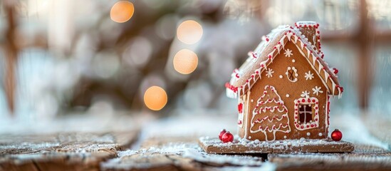 Fototapete - Rustic wooden table with a Christmas gingerbread house displayed, featuring copy space image.