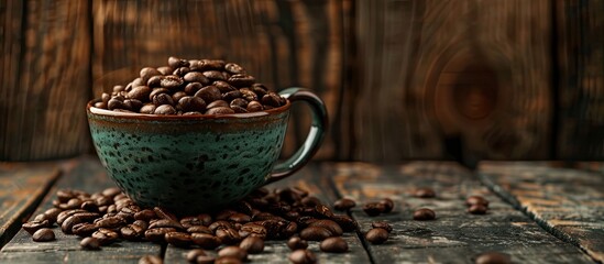 Sticker - Coffee cup with beans on wooden surface against a dark backdrop, perfect as a copy space image.