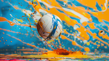 Wall Mural - A red and white volley ball is sitting on a colorful background