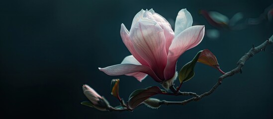 Poster - A pink magnolia blossom with white gradient placed among individual petals and leaves against a dark background, ideal as a backdrop for spring magnolia - perfect for a copy space image.