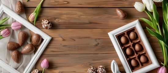 Fototapete - An Easter-themed composition featuring chocolate eggs, a bunny, tulips, and a white frame on a wooden surface, all with space for additional image elements.