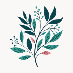 Sticker -  A stylized botanical design features a sprig with green leaves and pink blossoms.