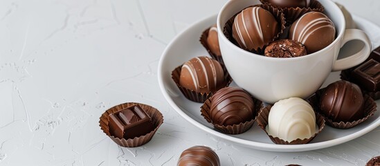 Sticker - A cup filled with chocolates placed on a plate against a white background, ideal for a copy space image.