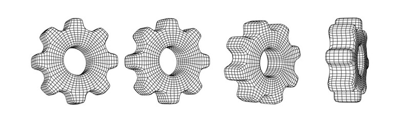 3D vector gear and cogwheel, wireframe mesh icon set on white background. Technical security, online support, and industrial innovation. Engineering, cyber security design elements.