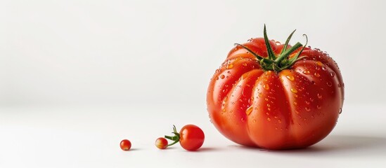 Poster - Large and flavorful red beefsteak tomato with a white background featuring red drops offers great copy space image.