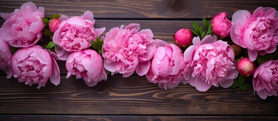 Aufkleber - Top view of peonies on a wooden backdrop, with copy space image.