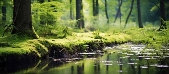 Sticker - Scenic view featuring dense green vegetation, moss, and grass in a swamp setting, with a blurred background ideal for a copy space image.