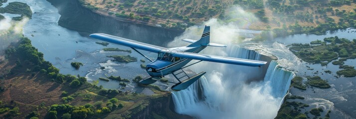 Wall Mural - Small blue airplane flies over vast land with river and green vegetation. Clear blue sky with fluffy white clouds. Perfect for travel agency and tours. Victoria Falls scenery in ZambiaZimbabwe.