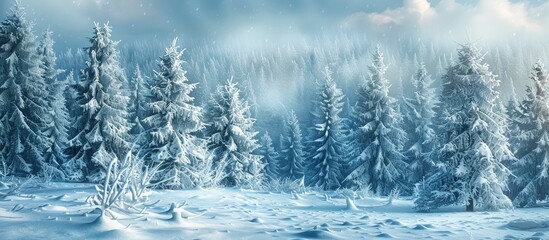 Aufkleber - Winter forest scene with snow-covered fir trees creating a picturesque copy space image.
