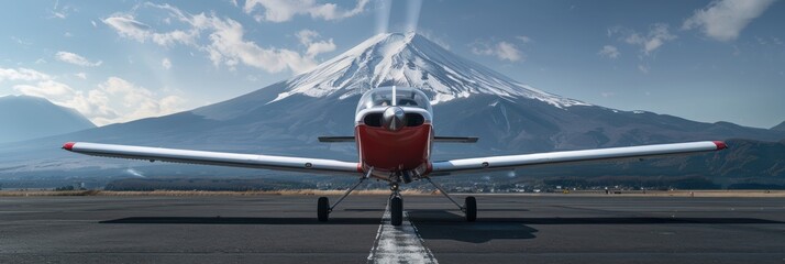 Wall Mural - Red, white propeller plane on gray runway with mountain range and clear blue sky. Perfect for travel agency, Japan tours. Adventure, aviation, landscape, nature, outdoor, scenery, tourism, travel.