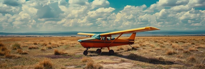 Wall Mural - Small biplane parked on grassy field with body of water and clear blue sky. Plane faces right side with wings angled upwards. Perfect for travel agency and tours in Serengeti National Park, Tanzania.