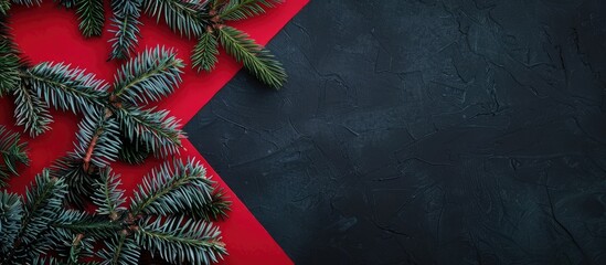 Poster - Christmas background concept with a top view of Christmas spruce branches on a red and black background, suitable for copy space image.