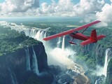 Red biplane soars over Victoria Falls landscape with waterfall, river, green trees and mountains. Perfect for travel agency, tours, adventure, nature, scenic flights, Zambia, Zimbabwe.