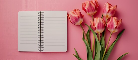 Poster - Pink background with Hello Spring words, blank notebook, and tulip flowers, providing copy space image.