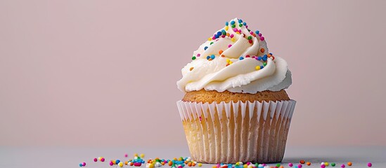 Poster - A cupcake adorned with colorful sprinkles, showcasing a delightful appearance against a blank background in a copy space image.
