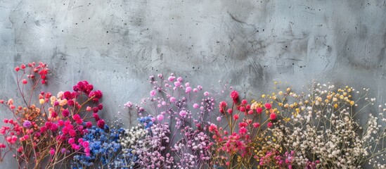 Wall Mural - Copy space image of colorful gypsophila flowers against a concrete backdrop.