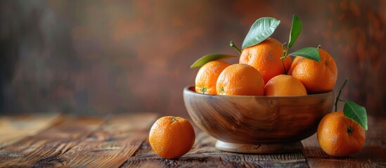 Poster - Fresh tangerines in a wooden bowl on a wooden table, presenting a copy space image with ripe and tasty clementines.