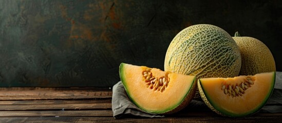 Poster - Fresh honey melons, whole and sliced, displayed on a wooden table with a black background, embody the essence of summer with a copy space image. A delicious and healthy fruit choice.