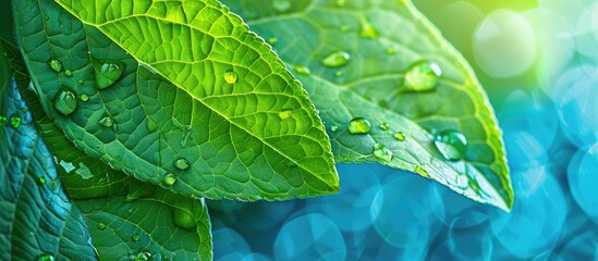 Poster - Blue clean water droplets intermingled with a vibrant green leaf, creating a serene and refreshing composition against a copy space image.