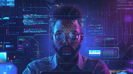 Wall Mural - AI Cybersecurity threat Illustration concept AI banner. African American Black male IT specialist analyzes data Information technology privacy Leaks AR Artificial Intelligence - AR