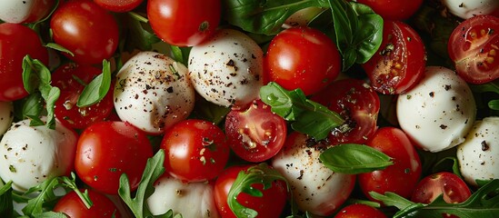 Canvas Print - A Caprese salad featuring cherry tomatoes, mozzarella balls, spices, fresh rocket, and basil is a homemade, delicious, and nutritious vegetarian dish captured in a symbolic close-up copy space image.