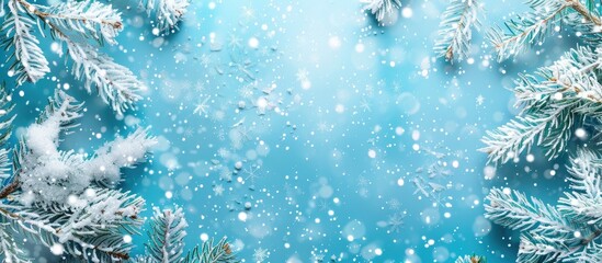 Poster - Design elements for advertisements with a blue background featuring artificial white snow, intertwined with Christmas and New Year themes, creating a festive vibe for copy space images.