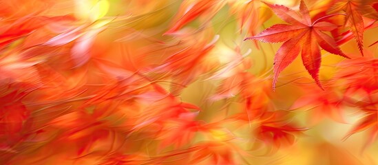 Poster - Blurred, colorful maple leaves in autumn create a vibrant copy space image.