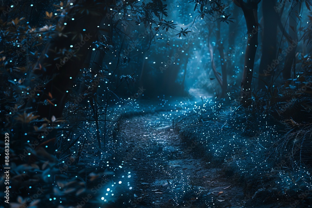 Enchanting nighttime forest scene with glowing fireflies illuminating ...