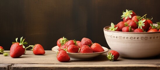 Poster - Fresh strawberries displayed on a lovely plate against an aged table backdrop, with room for written content. Vintage aesthetic with available copy space image.