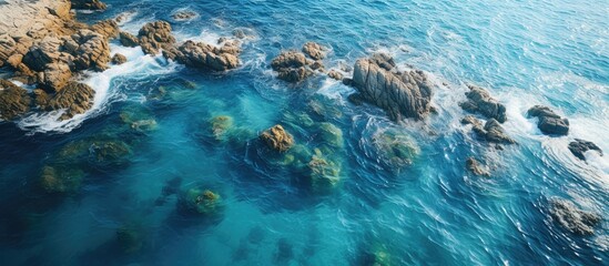 Poster - Scenic aerial shot of a serene blue ocean with rocky coastline, set against a stunning backdrop of natural beauty, suitable for a copy space image.