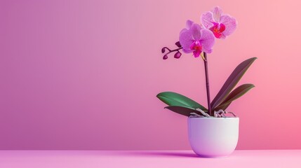 Poster - Purple artificial orchid in pot on vibrant background with copy space