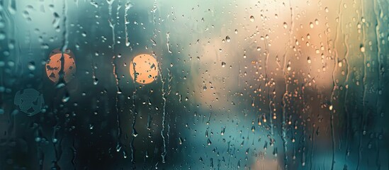 Sticker - Raindrops create a close-up on a window during a rainy day, providing a copy space image.