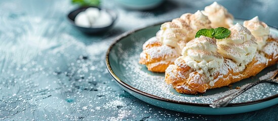 Poster - Delicious homemade eclair with cottage cheese dessert on blue background with horizontal copy space image.