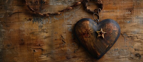 Poster - A rustic wooden and metal Christmas heart displayed on a weathered brown background, ideal for holiday decorating with space for adding text or images.