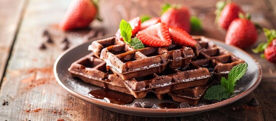 Poster - A ceramic plate with a stack of chocolate waffles topped with strawberries and mint, creating a visually appealing presentation with ample copy space image.