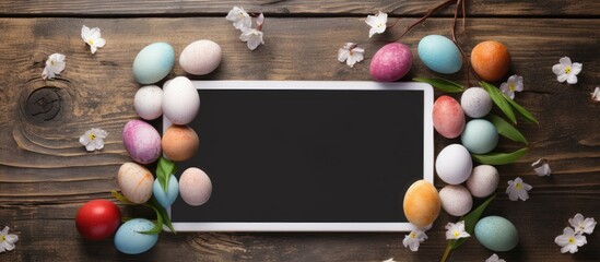 Wall Mural - On a wooden table, there is a tablet with a blank screen and painted eggs displayed, creating a charming composition with a copy space image.