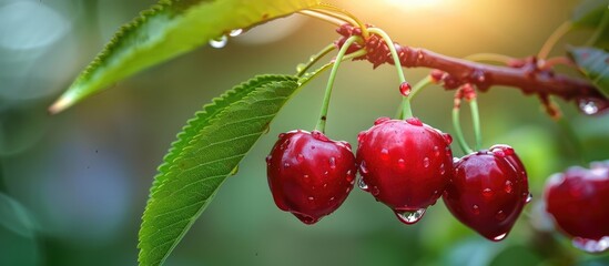 Aufkleber - A close-up outdoor shot featuring three ripe cherries on a branch, with ample copy space image available.