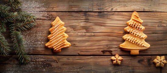 Aufkleber - Christmas tree-shaped cookie on a wooden background with copy space image.