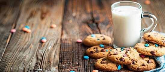 Colorful wooden background with delicious cookies and a glass of milk, perfect for a copy space image.