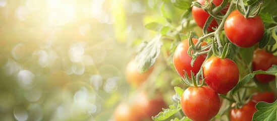 Aufkleber - Selective focus on red tomatoes growing on branches with copy space image available.