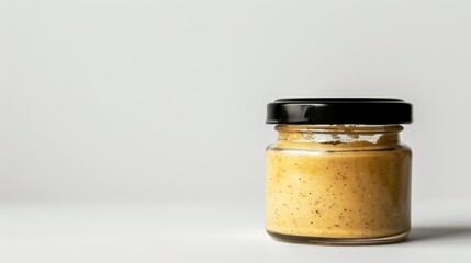 Poster - Glass jar with Dijon mustard and black lid on white background