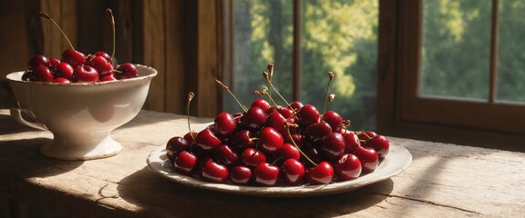 Wall Mural - Cozy rustic kitchen interior with cherry fruits on old wooden table.