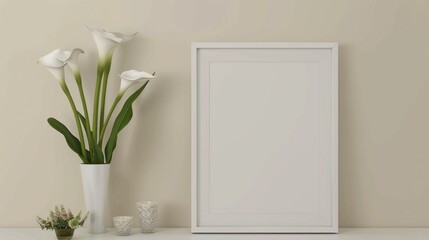 Sticker - Mockup of white frame on wall with calla flowers in vase