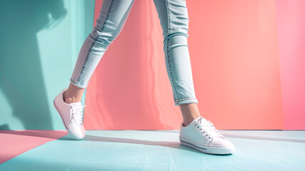 Wall Mural - Close-up of a pair of white sneakers on a woman's feet. The shoes are in focus and the pastel background is blurry