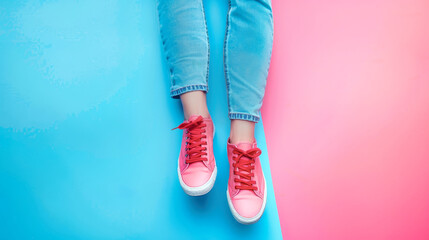 Wall Mural - A stylish woman sits atop a surreal, abstract blue and pink object, showcasing her fashionable light jeans and bright sneakers against a minimalistic pastel background